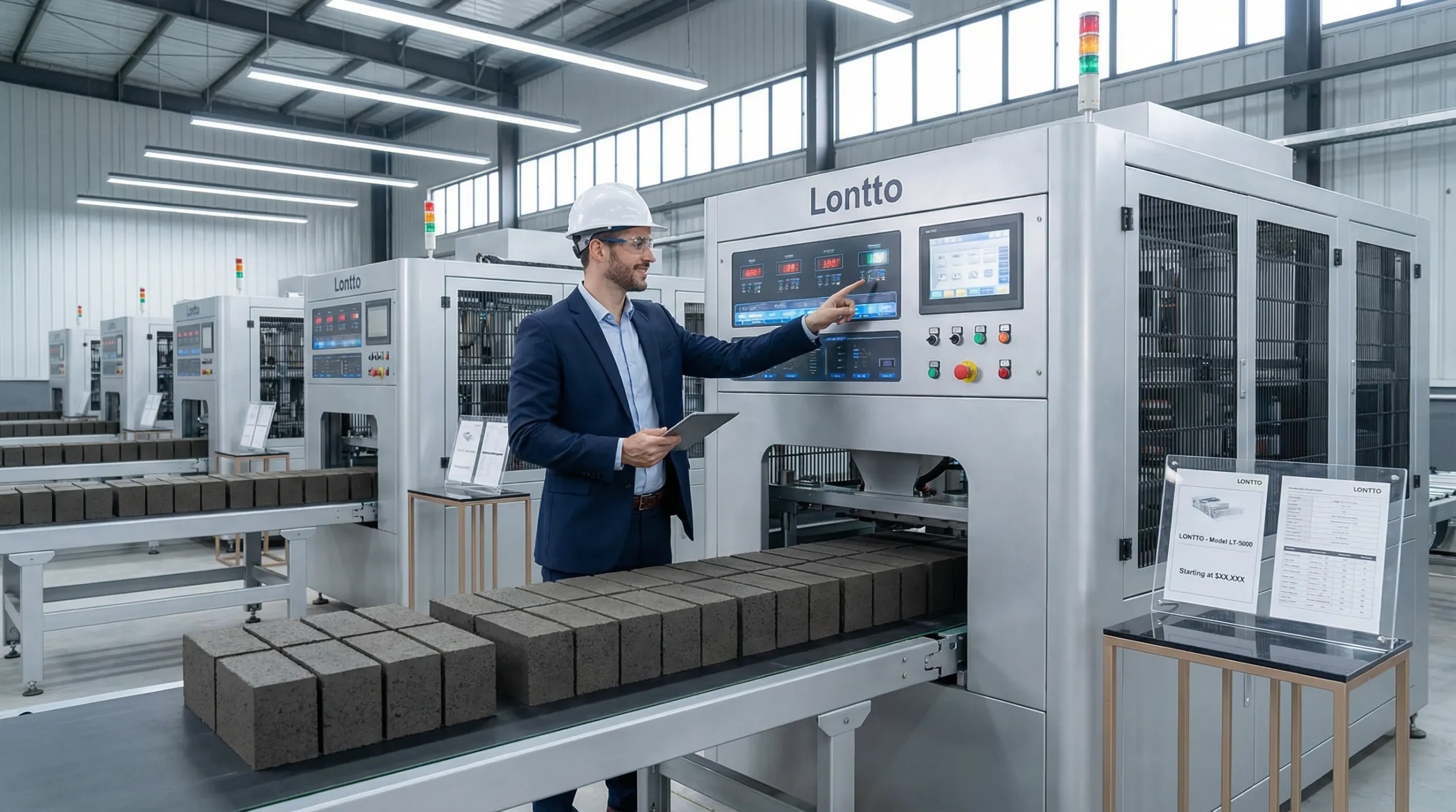 engineer inspecting modern brick machines in a factory setting